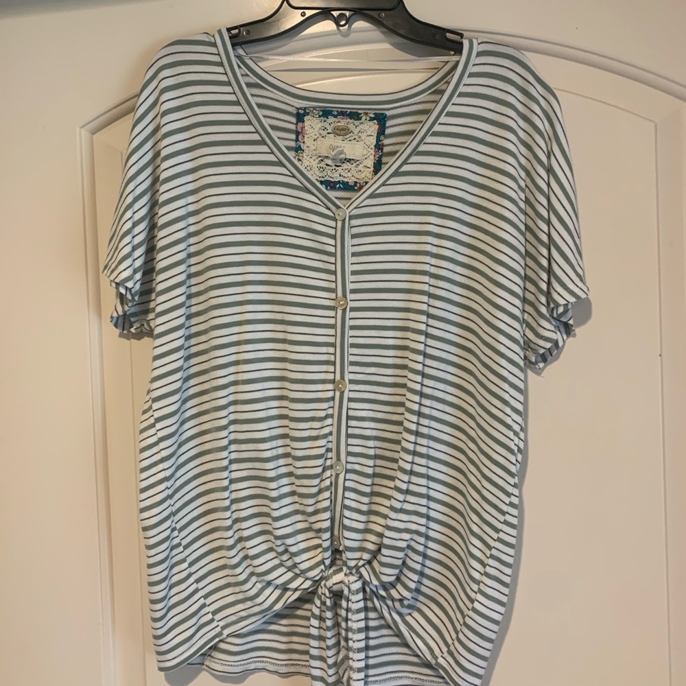 Cupio Green and White Striped Button Down Shirt